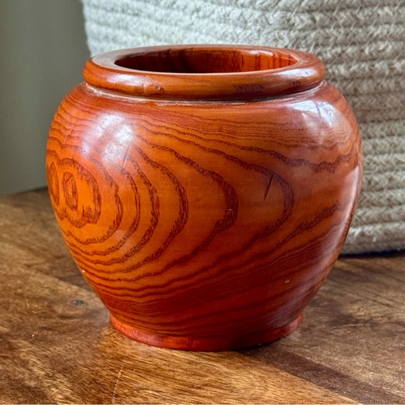 Vintage Hand Turned Wood Vase Lacquered Handmade Rustic Planter Glossy 5” - Picture 3 of 9
